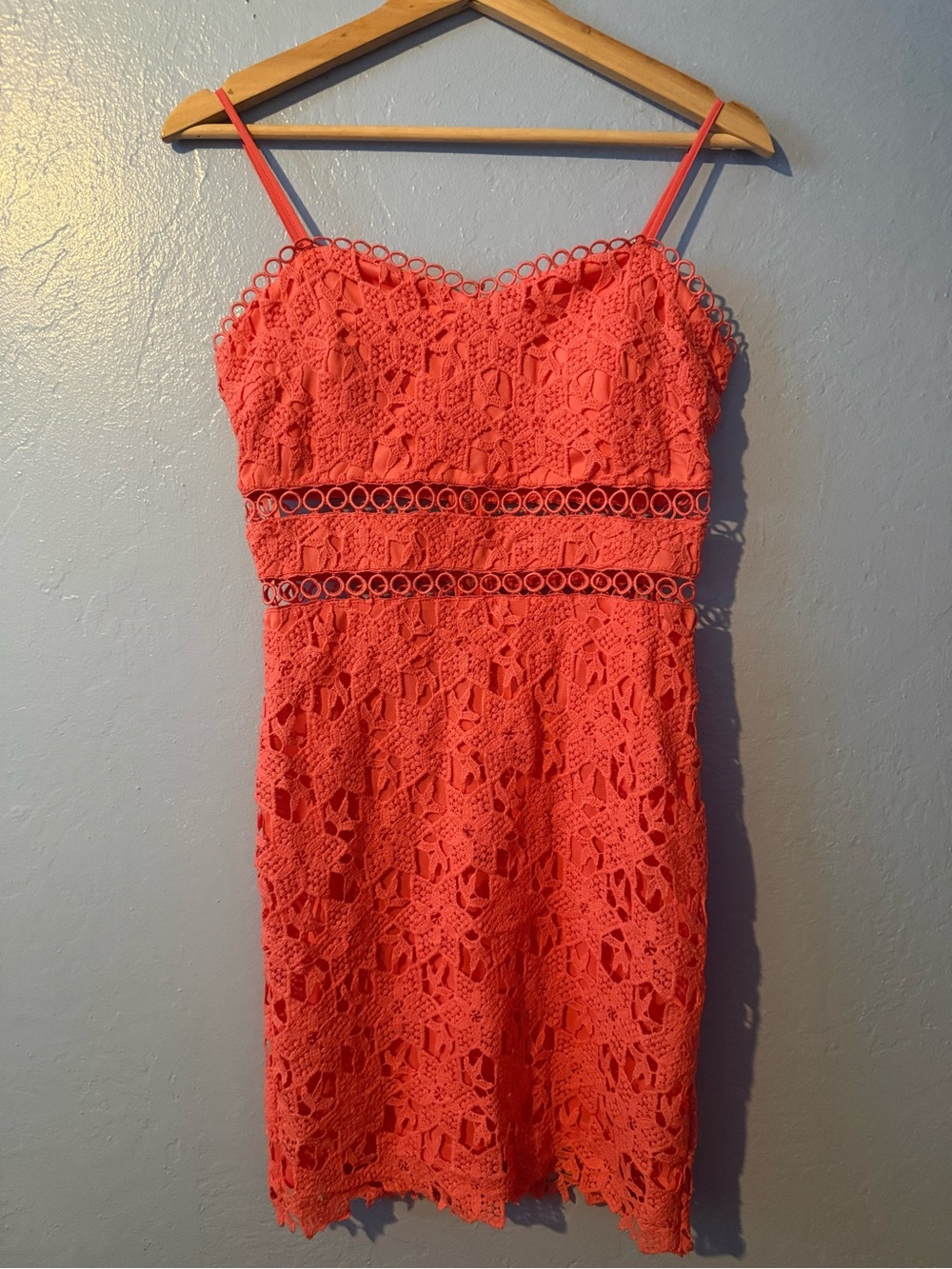 Cherie Coral Crochet Lace Mini Dress with Spaghetti Straps in Barbie Pink